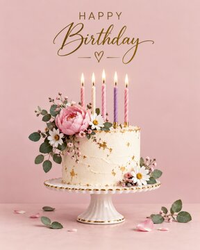 Elegant Floral Birthday Cake With Candles On Pink Background