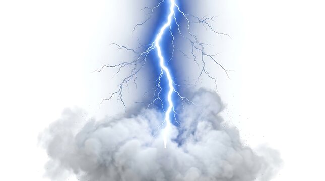 Dramatic lightning bolt strikes through dark storm clouds on a white background