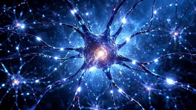 Glowing central neuron with radiating dendrites in blue neural network, brain science and artificial intelligence concept