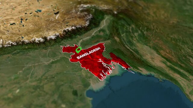 Satellite view of bangladesh highlighted in red on a map of south asia animation 3d camera roation view