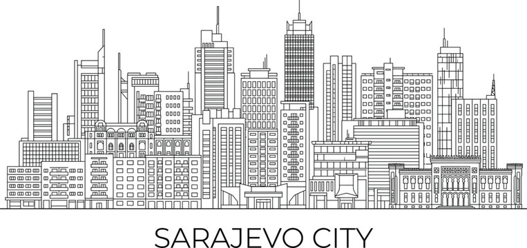 Sarajevo City Skyline Line Art Illustration with Modern Buildings and Historic Urban Architecture