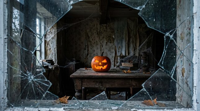 Glowing carved pumpkin sits on a wooden table in an abandoned room seen through a shattered glass window Halloween