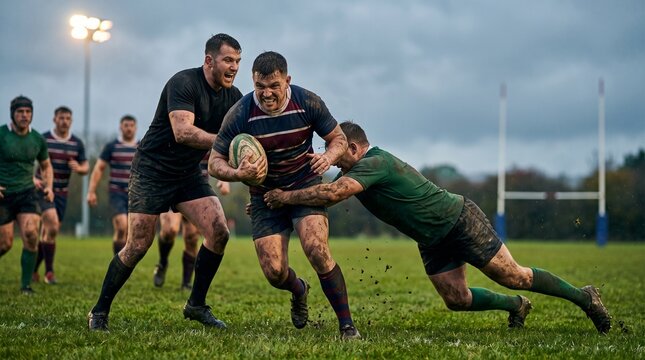 Muddy rugby players on field, Male rugby players tackling on a muddy outdoor field during a match  