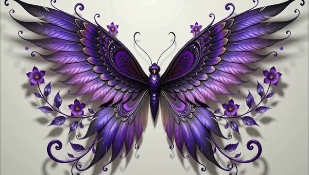 Stunning purple butterfly illustration with intricate floral patterns and ornate wing details.
