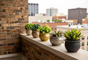 Obraz premium Urban gardening and balcony decor, small potted succulents and plants on a brick ledge overlooking a city skyline for home lifestyle and interior design