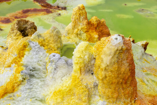 Sulfur spires by a green pool, Dallol, Ethiopia
