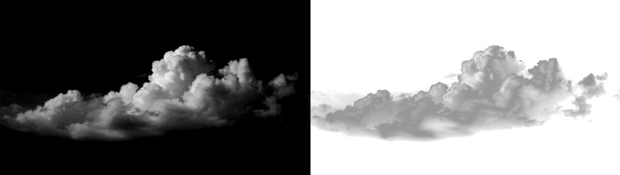 A single fluffy white cumulus cloud isolated on a black background and a transparent background, perfect for compositing and sky replacement in photo editing projects