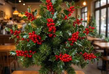 Naklejka premium Christmas holiday decoration, festive holly and pine branch centerpiece for winter seasonal celebration and home interior decor in a cozy cafe setting
