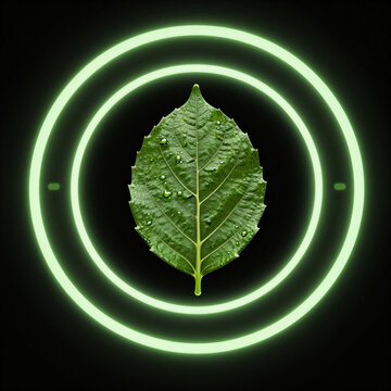 Green leaf with glowing neon circular progress ring
