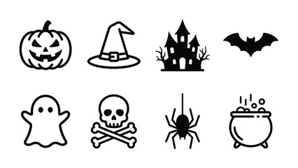Fototapeta premium Halloween Icons Set: A collection of classic Halloween symbols including a Jack-o'-lantern, witch hat, haunted house, bat, ghost, skull and crossbones, spider, and cauldron, rendered in a simple.