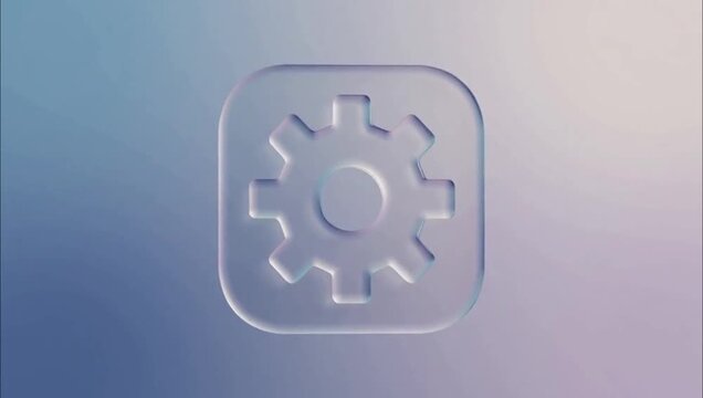 Minimalist glass morphism gear icon button on a soft gradient background.