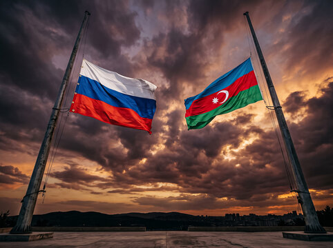 flags of russia and azerbaijan wave on flagpoles against a dramatic evening sky at sunset diplomatic relations and interstate ties