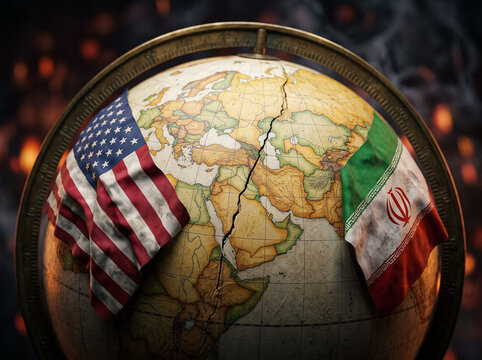 vintage globe with a crack and flags of the usa and iran against fire and smoke shows geopolitical confrontation and international tension