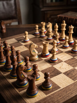 wooden chessboard with pieces in the colors of the flags of ukraine and russia shows a complex geopolitical game and confrontation of countries