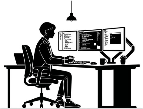Software engineer, programmer, coding, silhouette, developer, computer, screens, code, workstation, office, technology, digital, worker, professional, programming   