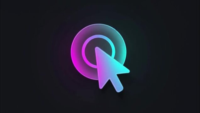 Neon glowing computer mouse cursor icon clicking on a digital circular interface button.