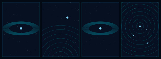 Minimalist Cosmic Orbit Vector Background Set, Abstract Blue Planetary Rings and Astronomy Posters, Space Science Concept Art © Gypsy Grapher