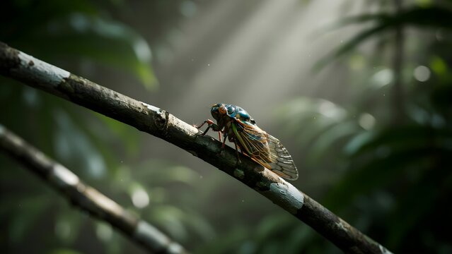 A brilliantly colored Jewel Cicada resting on rainforest branches, iridescent turquoise and emerald body glowing in filtered sunlight