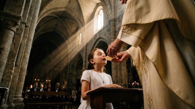 Holy Eucharist ritual: First Communion, catholic sacrament, church priest, child kneel, bread host, sacred blessing, spiritual devotion, divine grace, cathedral beam.