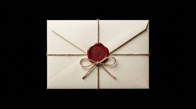 Cream envelope photo with red wax seal and twine string on black background