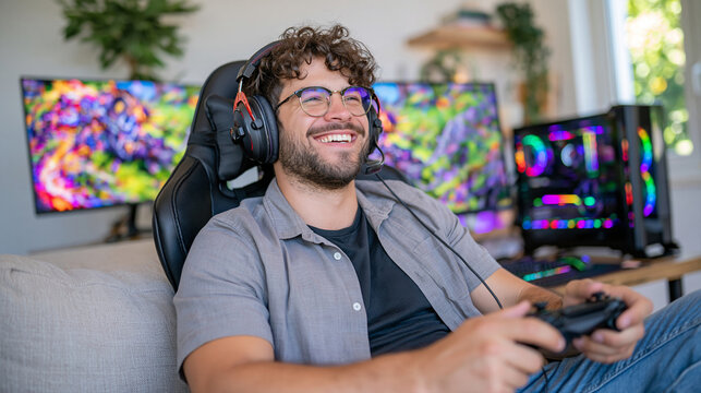 Male gamer smiling and laughing during an exciting video game session, wearing gaming headphones and stylish glasses, hands on controller, vibrant colorful gaming setup with glowing monitors and RGB