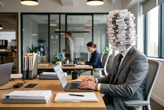 Accountant with a head made of stacked paper receipts working on a laptop at an office desk, surreal finance humor concept