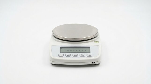 Digital laboratory scale photo, precision weight measurement instrument on white background