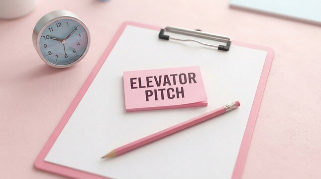 Elevator pitch concept with pink sticky note on a clipboard next to a small alarm clock and pencil.