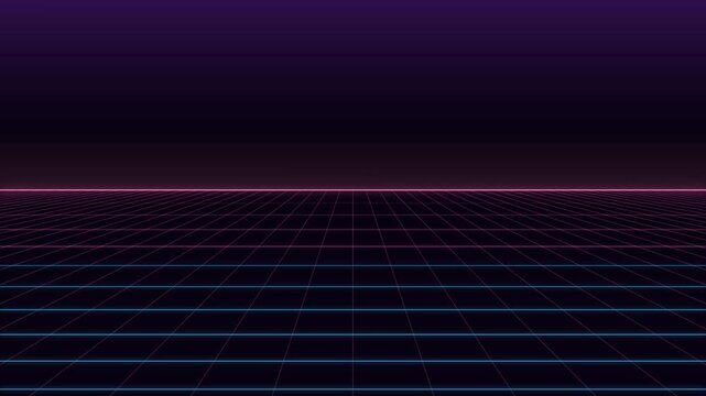 Retrowave grid horizon moving forward to represent cyberspace journey for illustrating digital technology concepts and to demonstrate virtual reality environment.
