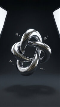 Polished metallic loops interlocked with floating spheres on dark studio background. Business connection and integration concept. Corporate collaboration and network design solutions