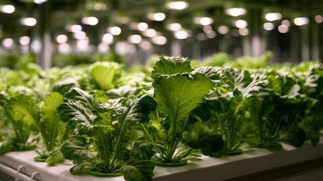 Hydroponic Kale Plants Growing In Neat Rows Under Indoor Grow Lamps