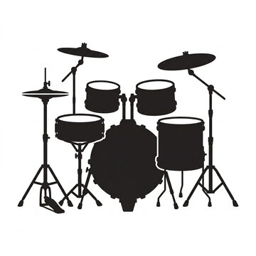 Black drum set silhouette icon isolated on white background for music design.
