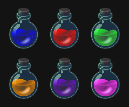 Set of six colorful glowing round potion bottles in red, blue, green, purple, pink and orange. Vector elements for fantasy games, magic and digital design.