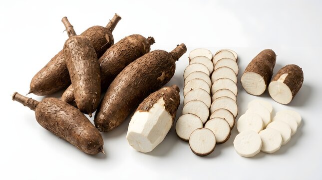 High angle view of fresh raw cassava tubers whole and sliced arranged on a white background, highlighting a key tropical root crop and staple agricultural produce from Indonesian local farms.