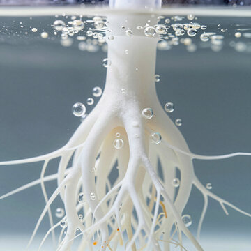 oxygen bubbles on white root hair in clear water