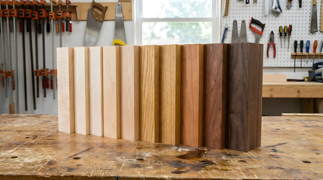 Hardwood Species Samples Standing on Workbench | Natural Timber Selection for Woodworking | Oak Walnut Maple Mahogany Wood Samples