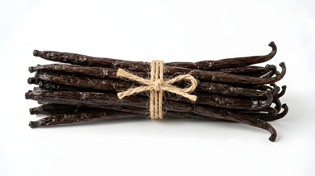 Aromatic bundle of high-quality Indonesian vanilla pods tied with natural twine, isolated on a white background, representing a premium organic harvest and gourmet spice from tropical plantations.