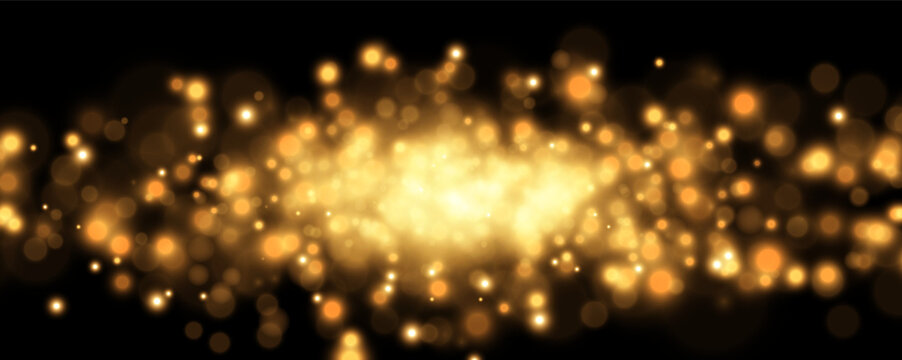 A shimmering cluster of golden bokeh lights creates a radiant glowing effect. The lights vary in size and intensity with a soft, diffuse brightness. This luminous scene is perfect for.