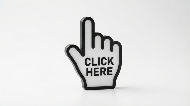 Click here white hand cursor with black outline on white background representing user interaction.