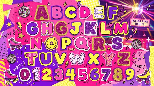 Colorful retro alphabet and numbers collection with roller skates and disco balls on a vibrant collage background for creative designs