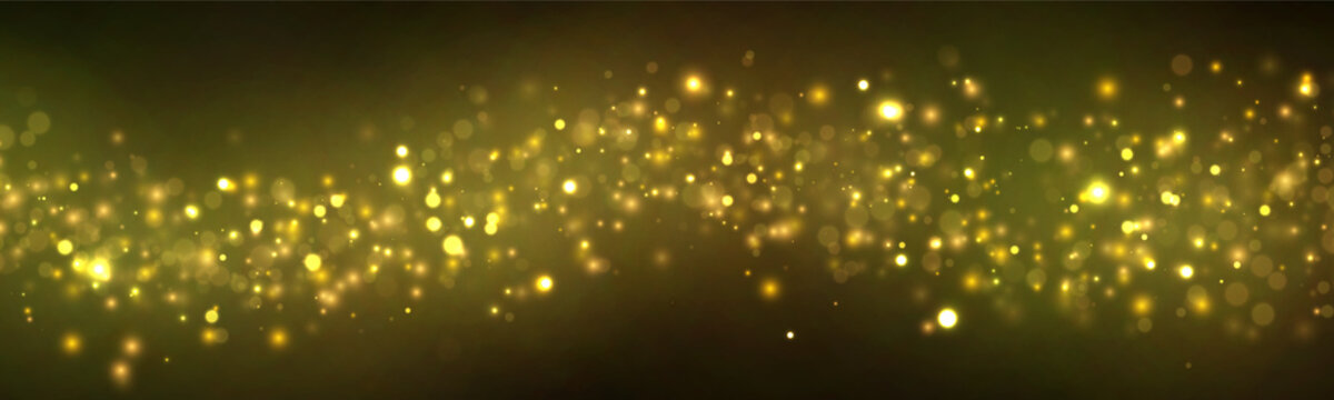 A horizontal band of glowing gold light particles floats across a dark background. The luminous orbs vary in size and intensity, creating a dense, sparkling effect.
