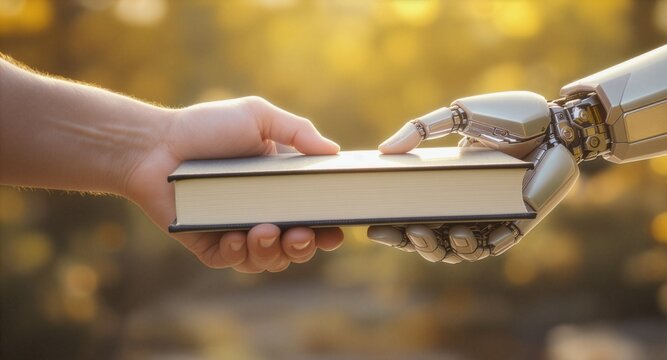Close-up of a human hand passing a hardcover book to a futuristic robotic cyborg hand against a warm bokeh background, conceptualizing knowledge transfer, education, and artificial intelligence.
