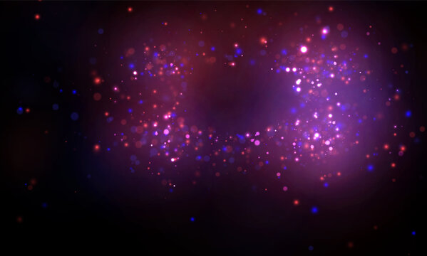 Clusters of small glowing particles form a vibrant bokeh effect in a dark space. The light orbs vary in size and intensity with dominant shades of purple, pink, and red.