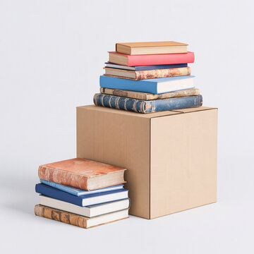Stack of assorted vintage hardcover books balanced on a cardboard box against a white background with book stack reading material library collection paperback books colorful spines corrugated box