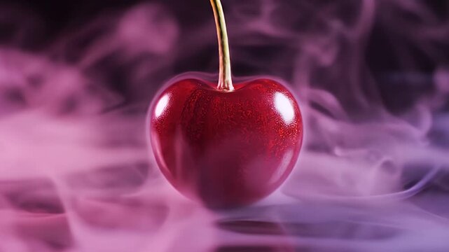 Vivid glossy red cherry with slender stem resting on a dark reflective surface under dramatic lighting