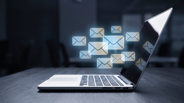 Laptop displaying email icons, representing streamlined digital communication, effective marketing strategies, stronger online engagement, business outreach