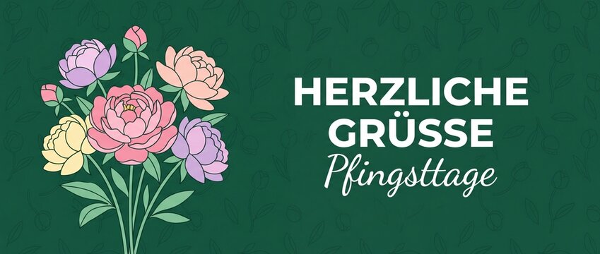 Pfingsttage Herzliche Gr&uuml;&szlig;e Pfingsten floral greeting card background with colorful peony blooming flowers illustration banner for Pentecost spring holiday celebration poster header vector template