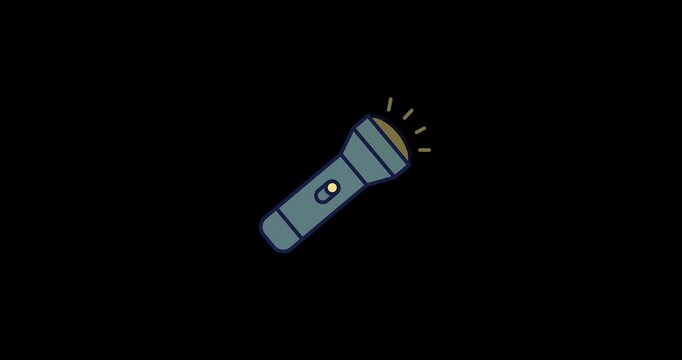 Minimalist animation of a modern LED flashlight icon shining bright yellow light rays against a solid black background, ideal for technology, search, exploration, and emergency concepts.
