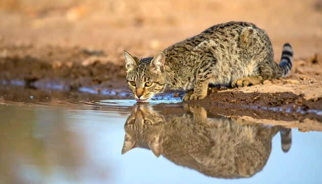 African Wildcat Drinking Water from a Puddle Reflecting its Image in the Natural Environment