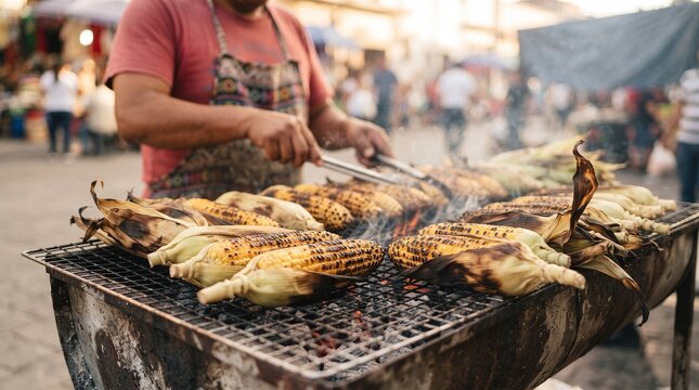 Elotes roasting on Mexican street grill